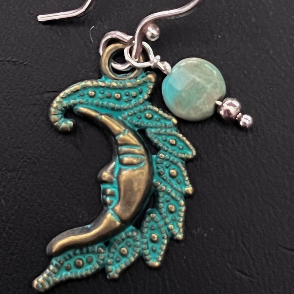 Faceted Moss Opal with Celestial Sun and Moon - Patina charm Earrings - Picture 3 of 5